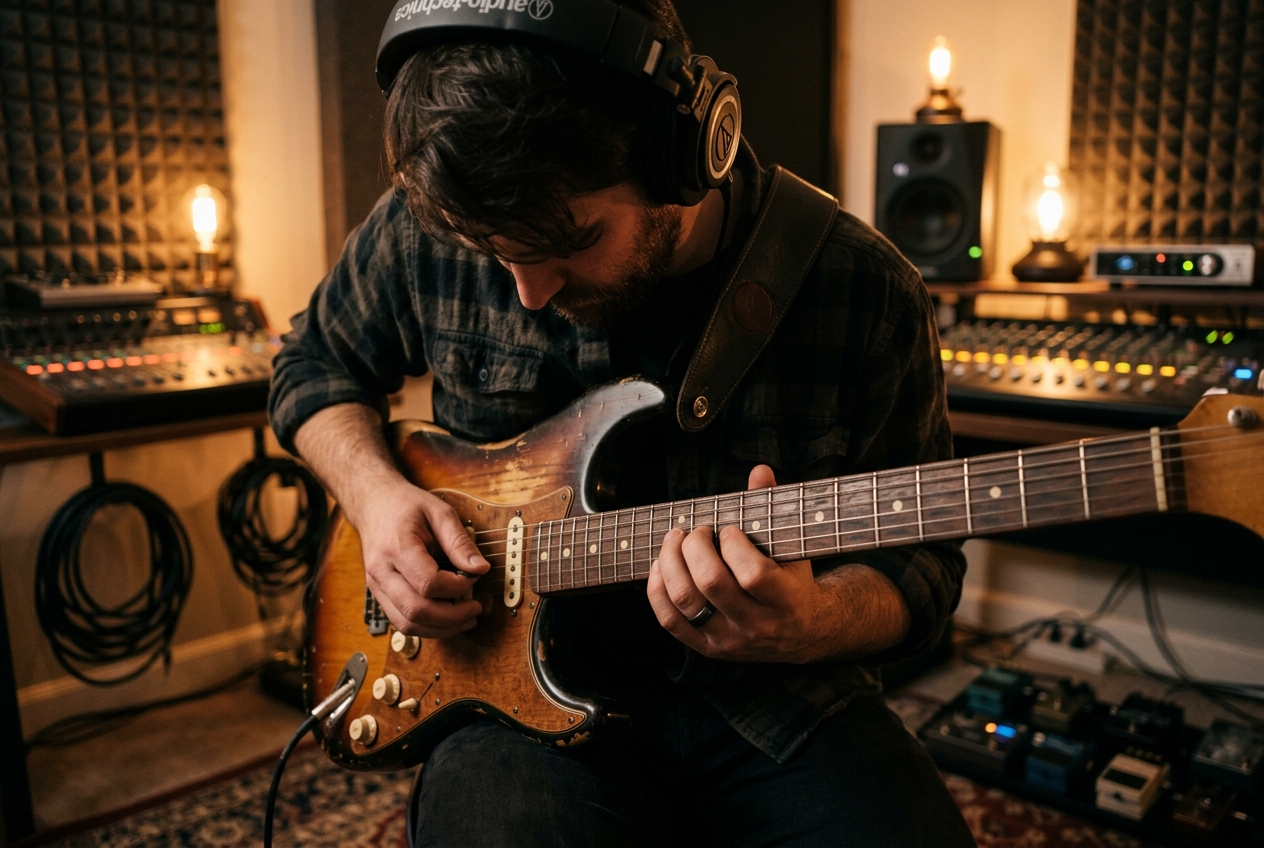 Musician isolating guitar tracks in a recording studio